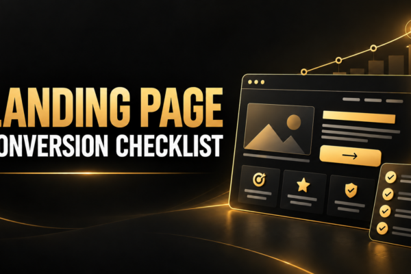 Black and gold landing page illustration with a call to action and conversion checklist
