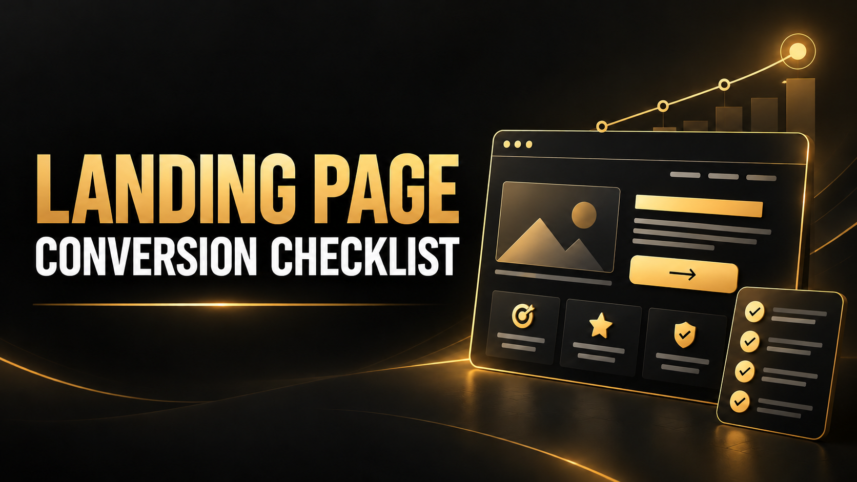 Black and gold landing page illustration with a call to action and conversion checklist
